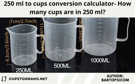 Find the conversion factor between milliliters and cups. One cup (or 8 fluid ounces) is equal to 236.588 milliliters, while one milliliter is equal to 0.00422675 cups. Multiply the desired measurement (in this case, 250 mL) by the conversion factor (0.00422675). The result is 1.0566875 cups which can be rounded to 1⅛ cups.